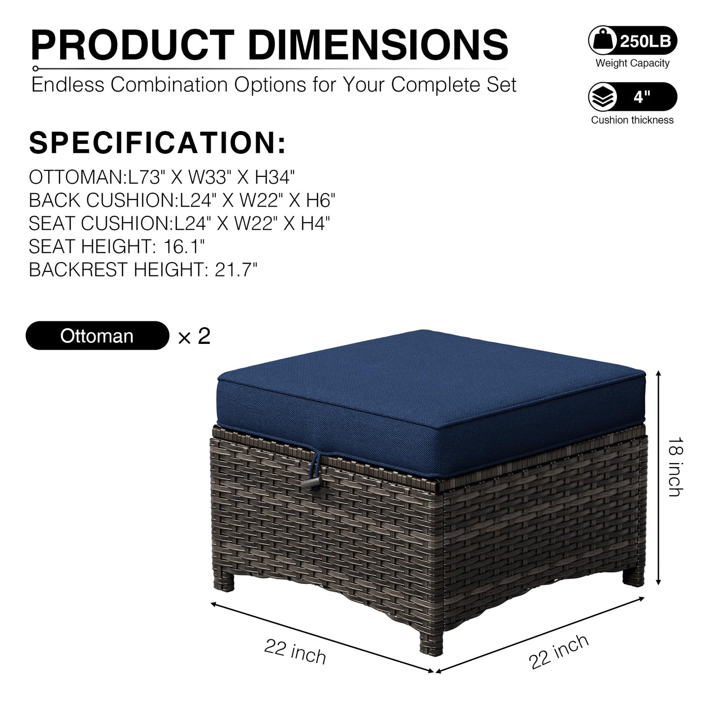 Joyside Outdoor Ottoman Set of 2, Patio Large Ottoman Foot Rest with Thickened Cushions, Outdoor Wicker Foot Stool for Porch, Deck Use