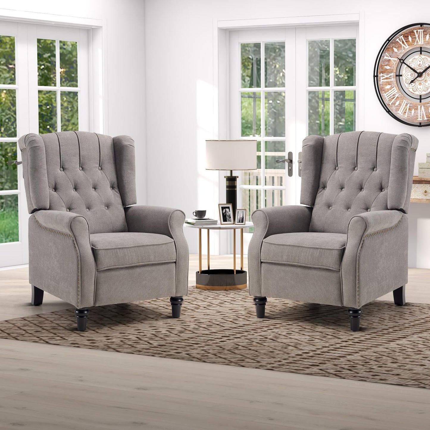 IOMOR Push Back Recliner Chair Fabric Lounge Armchair Pushback Recliner with Rivet Decoration Wingback Single Sofa Chair with Padded Seat for Living Room, Bedroom (1, Navy)