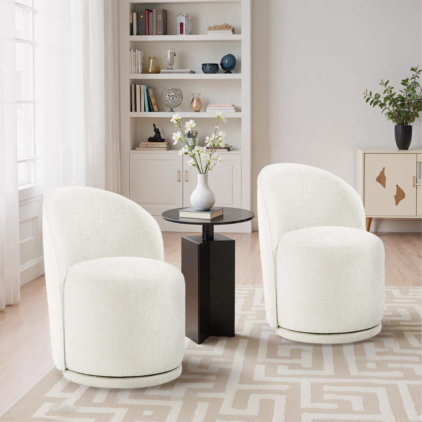 Swivel Barrel Dining Chairs Set of 2, Faux Leather Upholstered Round Dining Chairs, 360° Swivel Vanity Chair Comfy Armless Accent Makeup Chair for Dining/Living Room Makeup Room, Brown