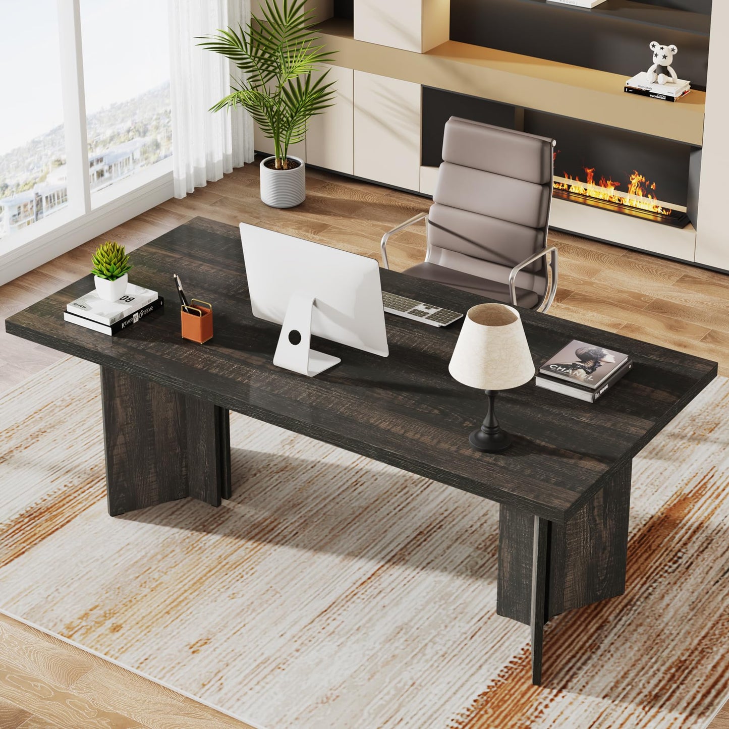 Tribesigns 63-inch Executive Desk, Vintage Home Office Computer Desk with Large Tabletop, Farmhouse Wood Writing Conference Table Workstation for Office, Study, Walnut Brown