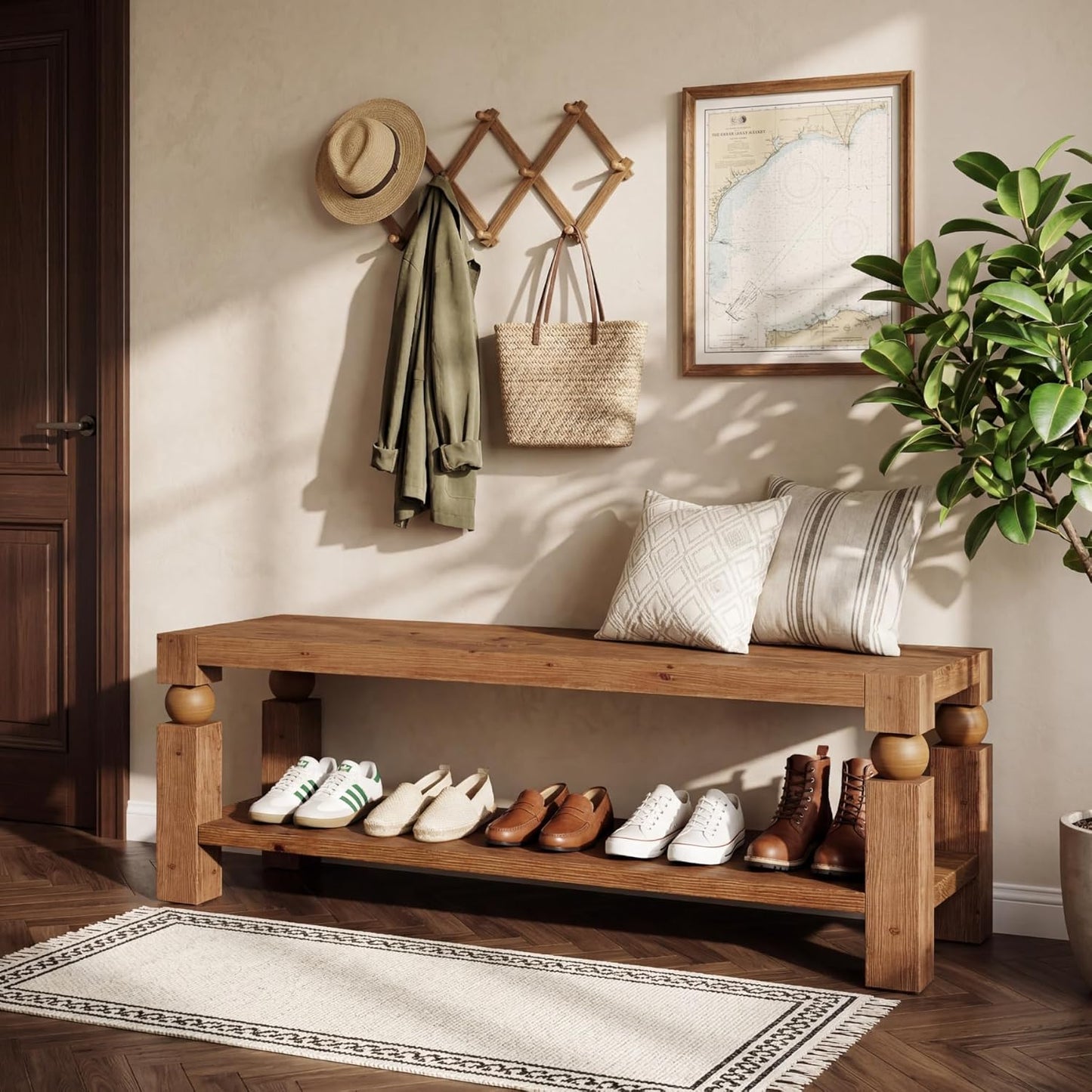 47-Inch Entryway Bench with Shoe Storage, Solid Wood Shoe Rack Bench, Narrow Storage Bench, Long Rustic Wood Bench for Indoor, Bedroom, Hallway, Living Room (Brown)