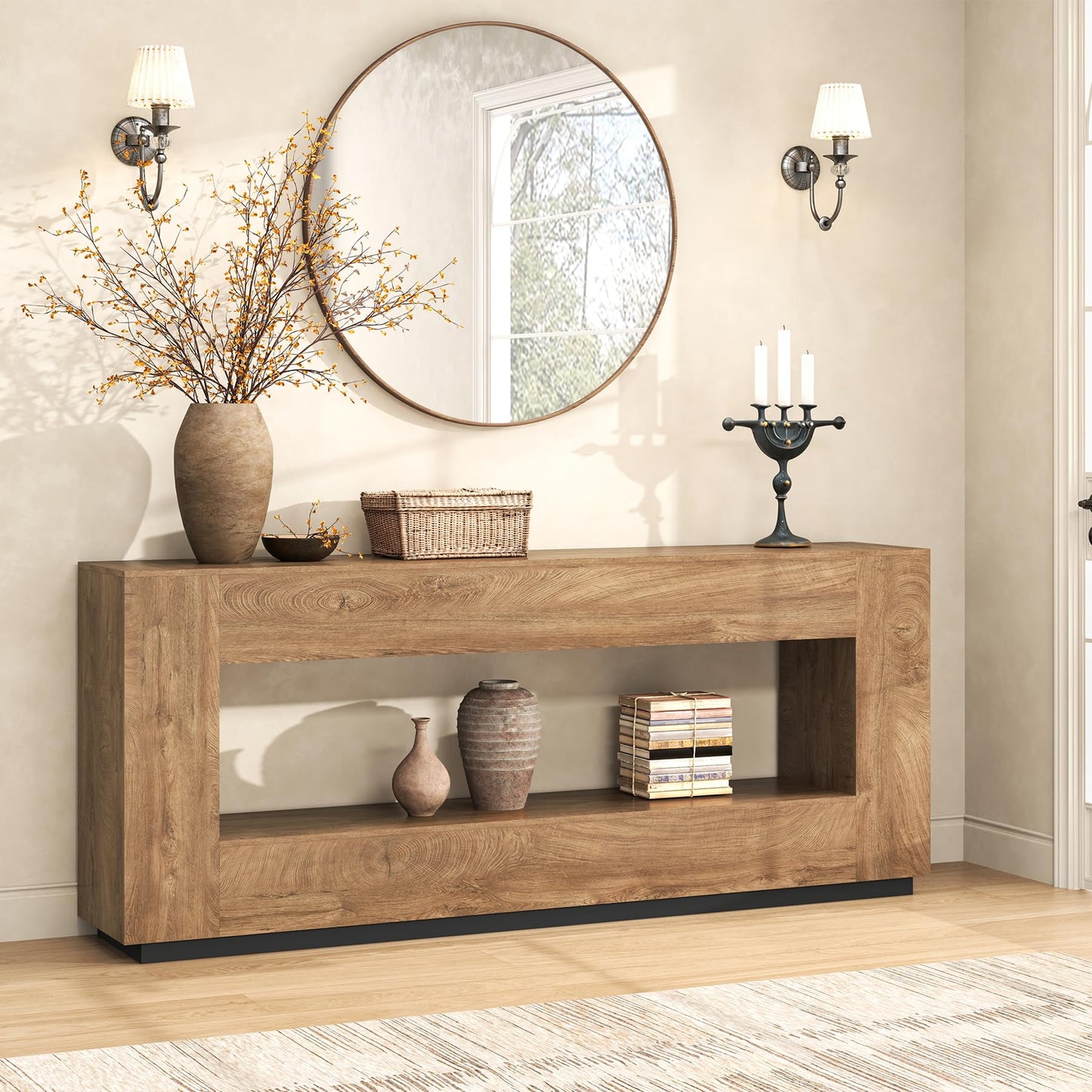 Epecoya 78 Inch Extra Long Console Table for Entryway, 2-Tier Wood Sofa Table Behind Couch with Storage Shelf, Farmhouse Entrance Table with Thickened Base for Living Room, Foyer, Hallway, Oak Brown
