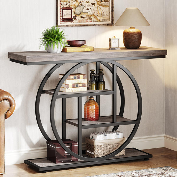 Tribesigns 41.3" Console Table, Industrial 4-Tier Sofa Table Entryway Table with Circle Base, Narrow Wood Accent Tables with Storage Shelves for Living Room, Hallway, Foyer, Rustic Brown