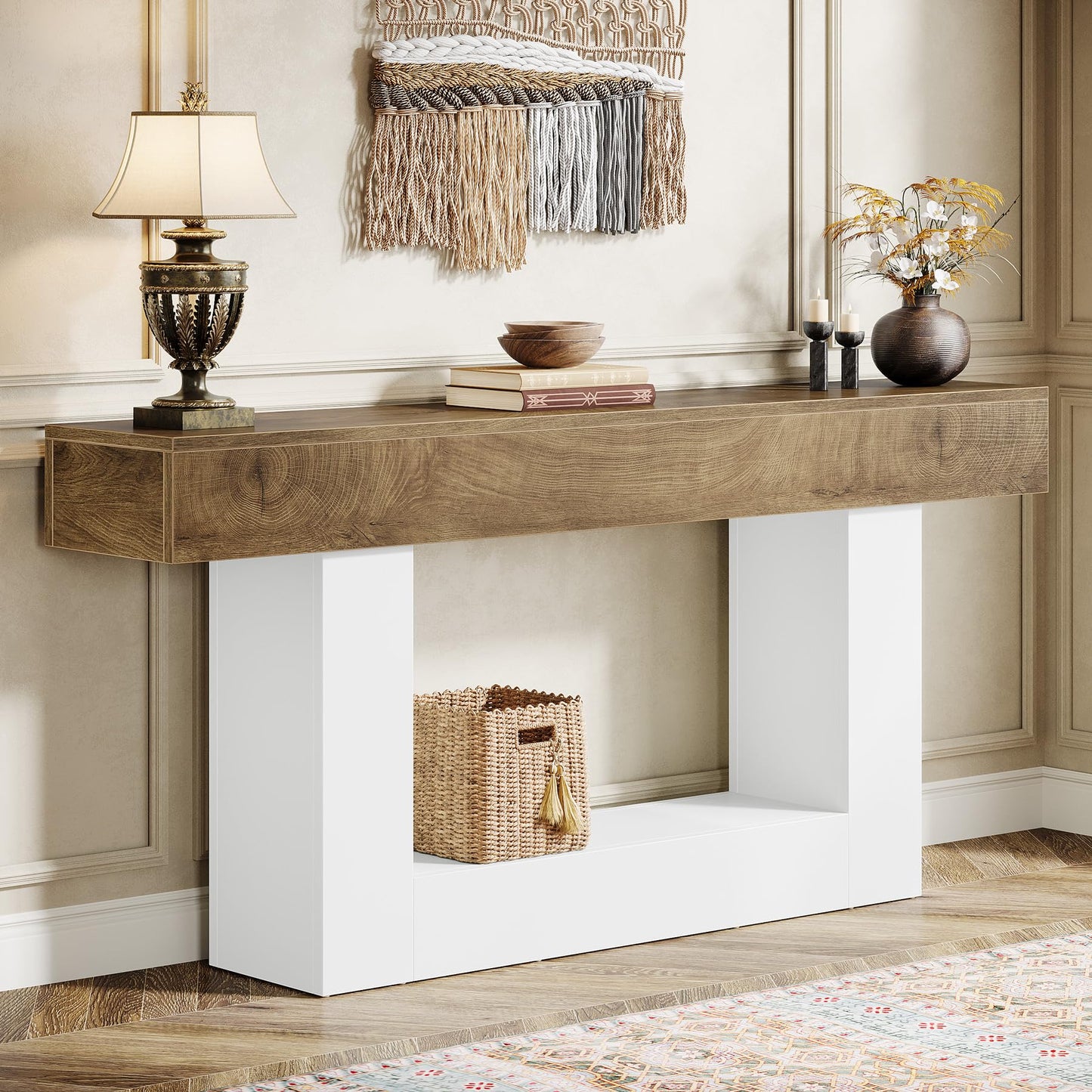 Tribesigns 63" Console Table, Farmhouse 2-Tier Entryway Table with U-Shaped Base, Narrow Long Wood Sofa Table Behind Couch Table for Living Room, Hallway, Foyer, Vintage Brown & Gray | Farmhouse