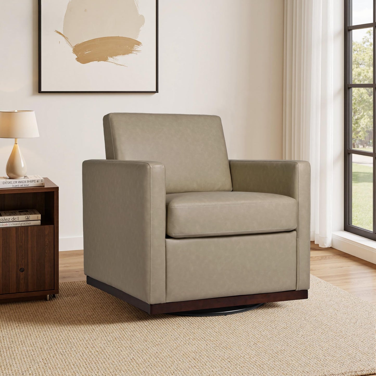 Faux Leather Swivel Accent Chairs Set of 2, 360° Swivel Upholstered Club Armchairs for Living Room, 31" Wide Square Single Sofa Reading Chair with Deep Seat, Metal Swivel Base, Navy