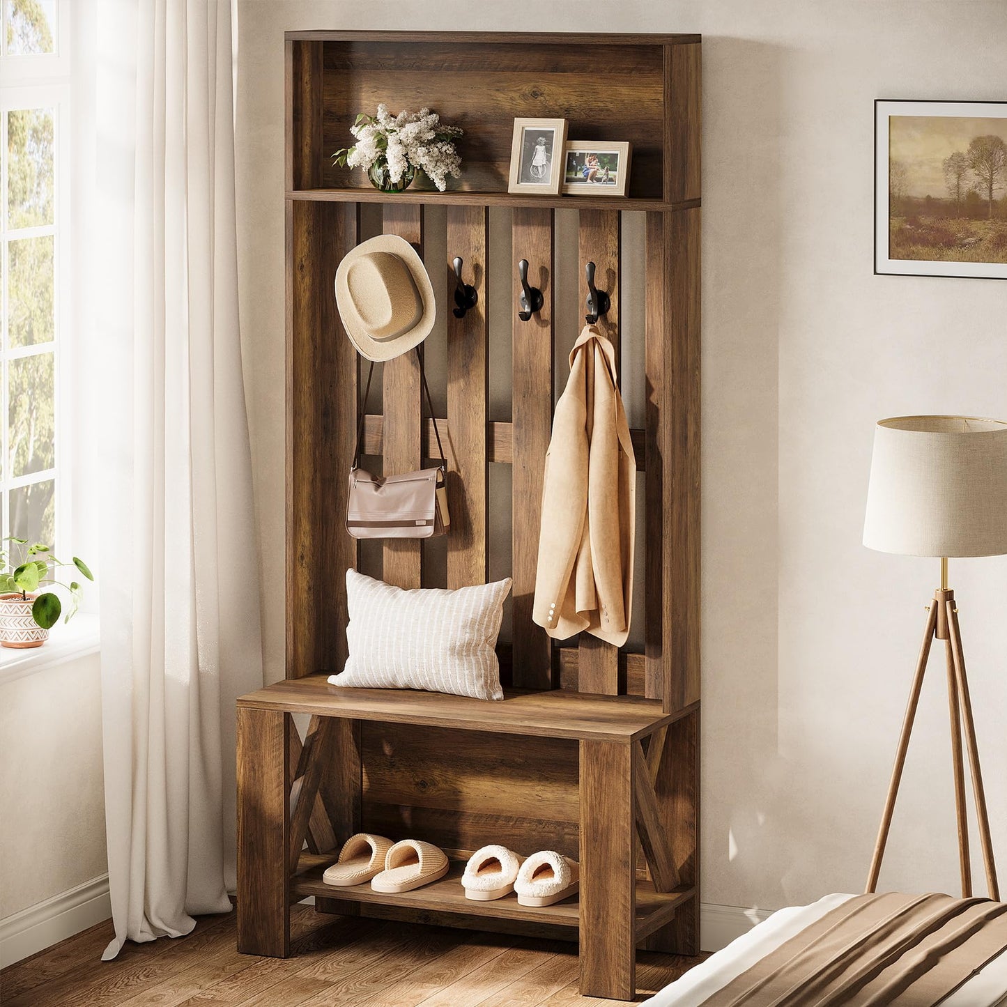 Tribesigns Hall Tree with Bench and Shoe Storage, Farmhouse Entryway Bench with Coat Racks, 70.8" Tall Wooden Hall Tree Organizer with 4 Hooks for Mudroom, Hallway, Bedroom, Space-Saving, Brown