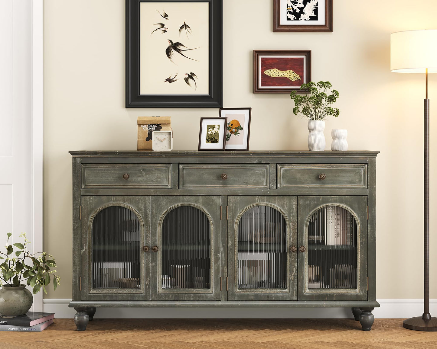 LKTART 60" Farmhouse Sideboard Buffet,Solid Fir Wood Frame with Hollowed-Out Carved Doors,Hand-Distressed Design,Versatile Storage Cabinet for Kitchen, Living Room,Natural Wood