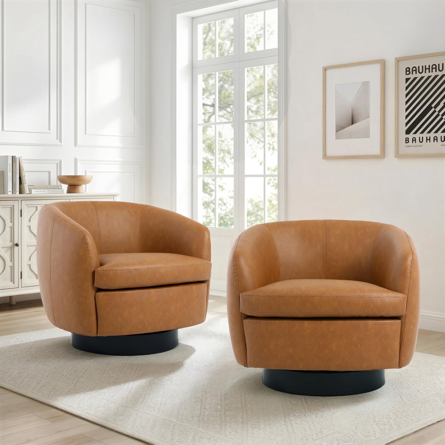 Faux Leather Swivel Barrel Chair, Modern Round Swivel Accent Chair with 360° Rotation, Upholstered Armchair Club Chair for Living Room Bedroom Office (Light Brown)