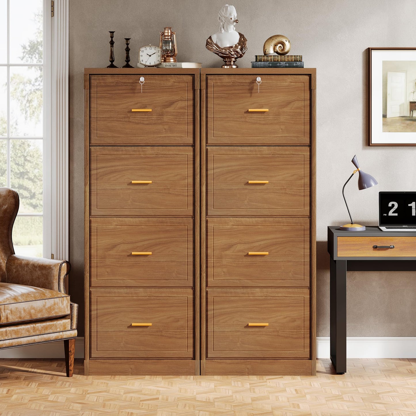 Tribesigns 4-Drawer File Cabinet with Lock, Locked File Cabinet with Key, Tall Wooden Filing Cabinets for Home Office, Vertical Office Storage for Legal Size/Letter/A4/Files, Brown