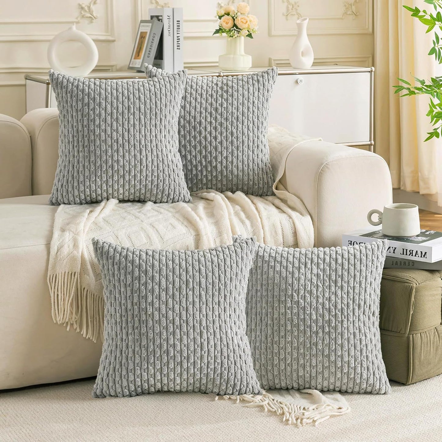 VAKADO Couch Throw Pillow Covers 16x16 Set of 4 Decorative Neutral Corduroy Boho Rustic Farmhouse Cushion Case Square for Home Decor Sofa Living Room Bed