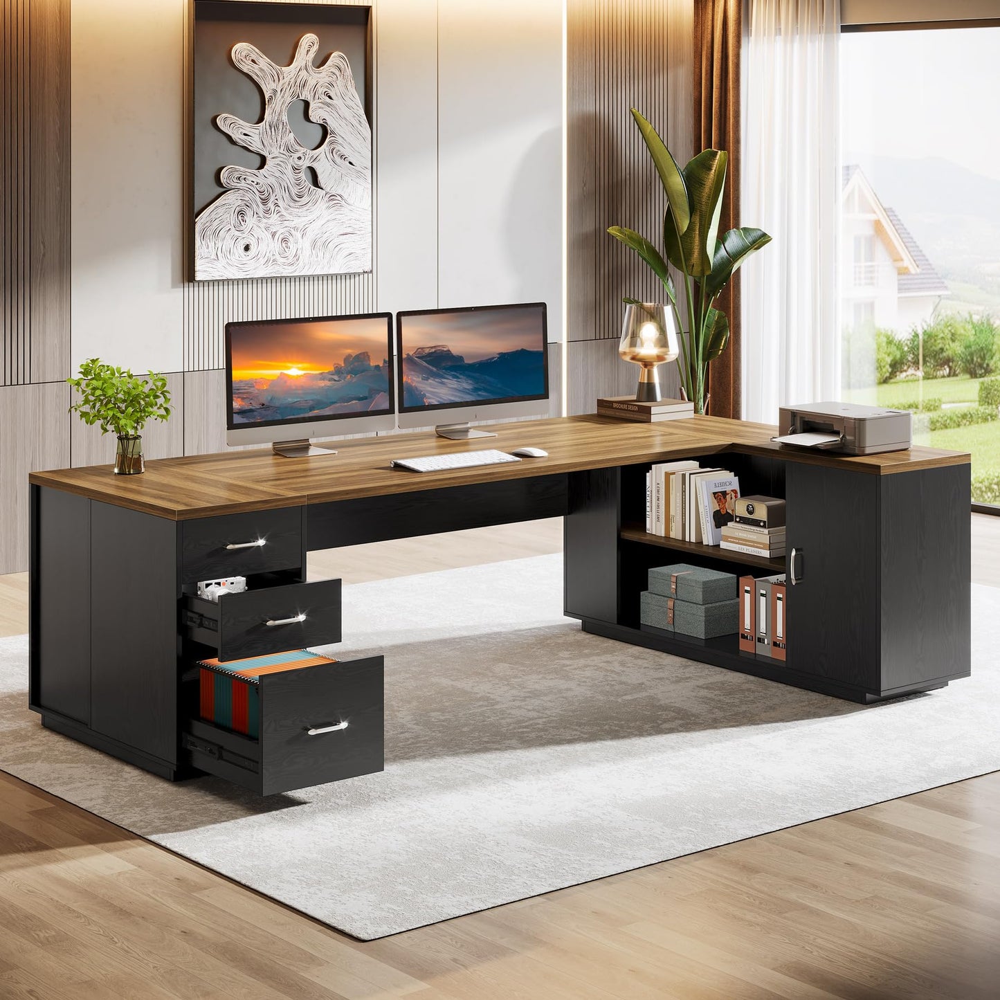 Tribesigns 85.8-Inch L-Shaped Executive Office Desk with File Drawers & Storage Cabinet, Professional Corner Computer Desk Extra Large Business Workstation with Adjustable Shelves (White&Walnut)