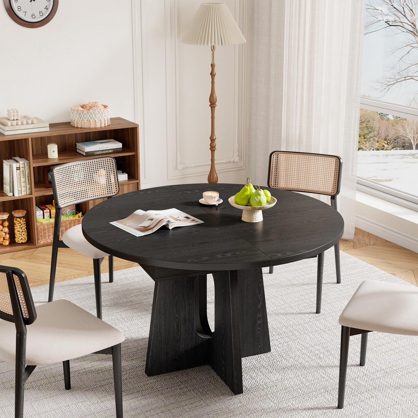 Epecoya 59-Inch Extendable Round to Oval Pedestal Dining Table, Farmhouse Wood Kitchen Table for 4-6 People, Space-Saving Expandable Dinner Table with Heavy Cross Base, Dark Brown Walnut
