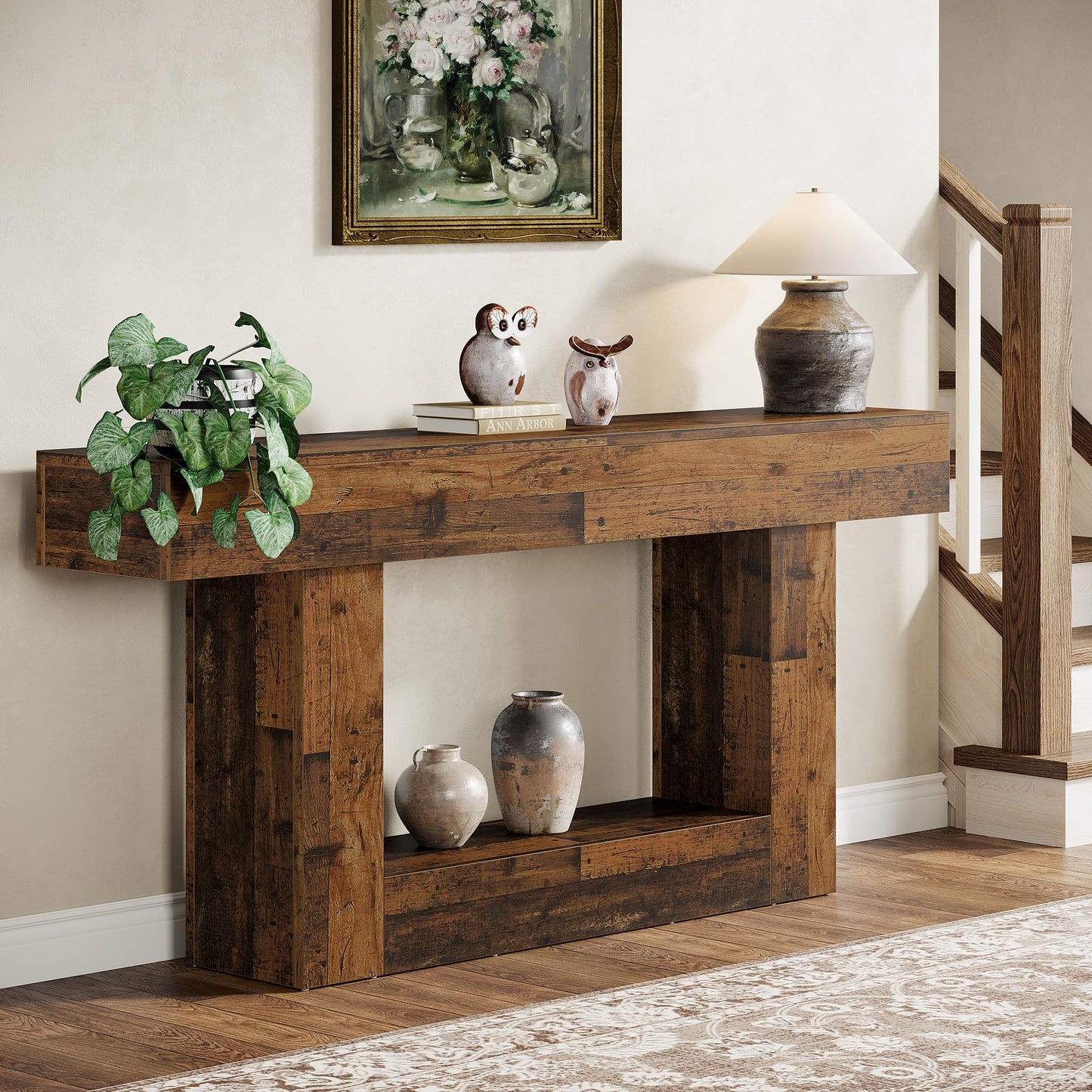 Tribesigns 63" Console Table, Farmhouse 2-Tier Entryway Table with U-Shaped Base, Narrow Long Wood Sofa Table Behind Couch Table for Living Room, Hallway, Foyer, Vintage Brown & Gray | Farmhouse