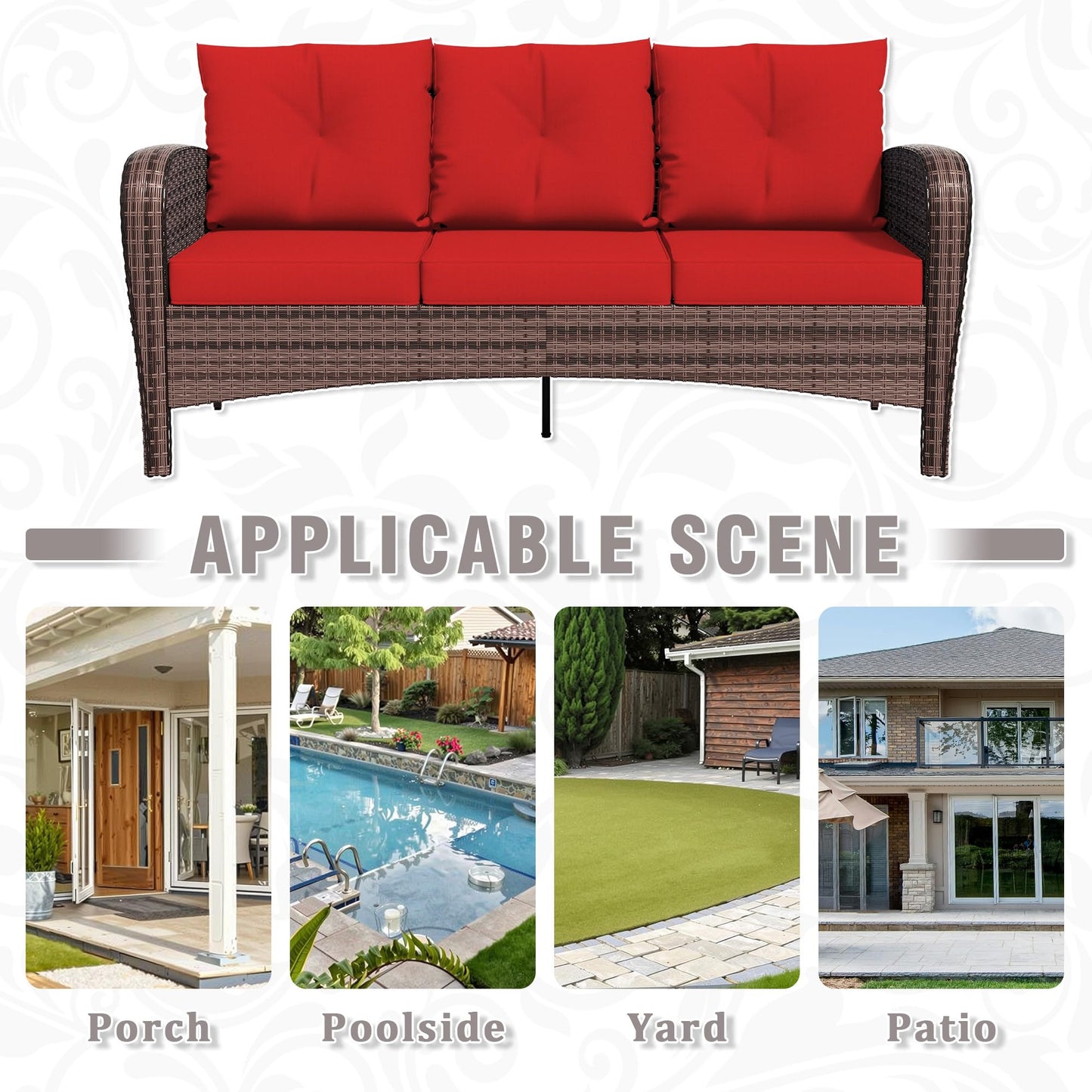 4 Piece Patio Conversation Set - 2 Swivel Chairs 1 Coffee Table 3-Seater Sofa, PE Wicker & Steel Patio Furniture with Heavy-Duty Steel Frame,Weatherproof Cushions, Red
