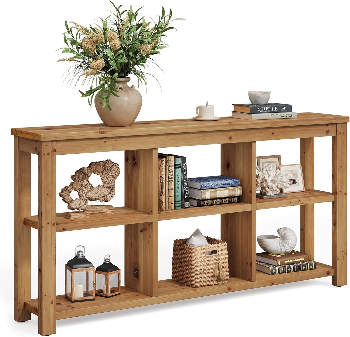 63-Inch Solid Wood Console Table for Entryway, 3-Tier Long Farmhouse Sofa Table with 6 Storage Cubes for Living Room, Hallway, Brown