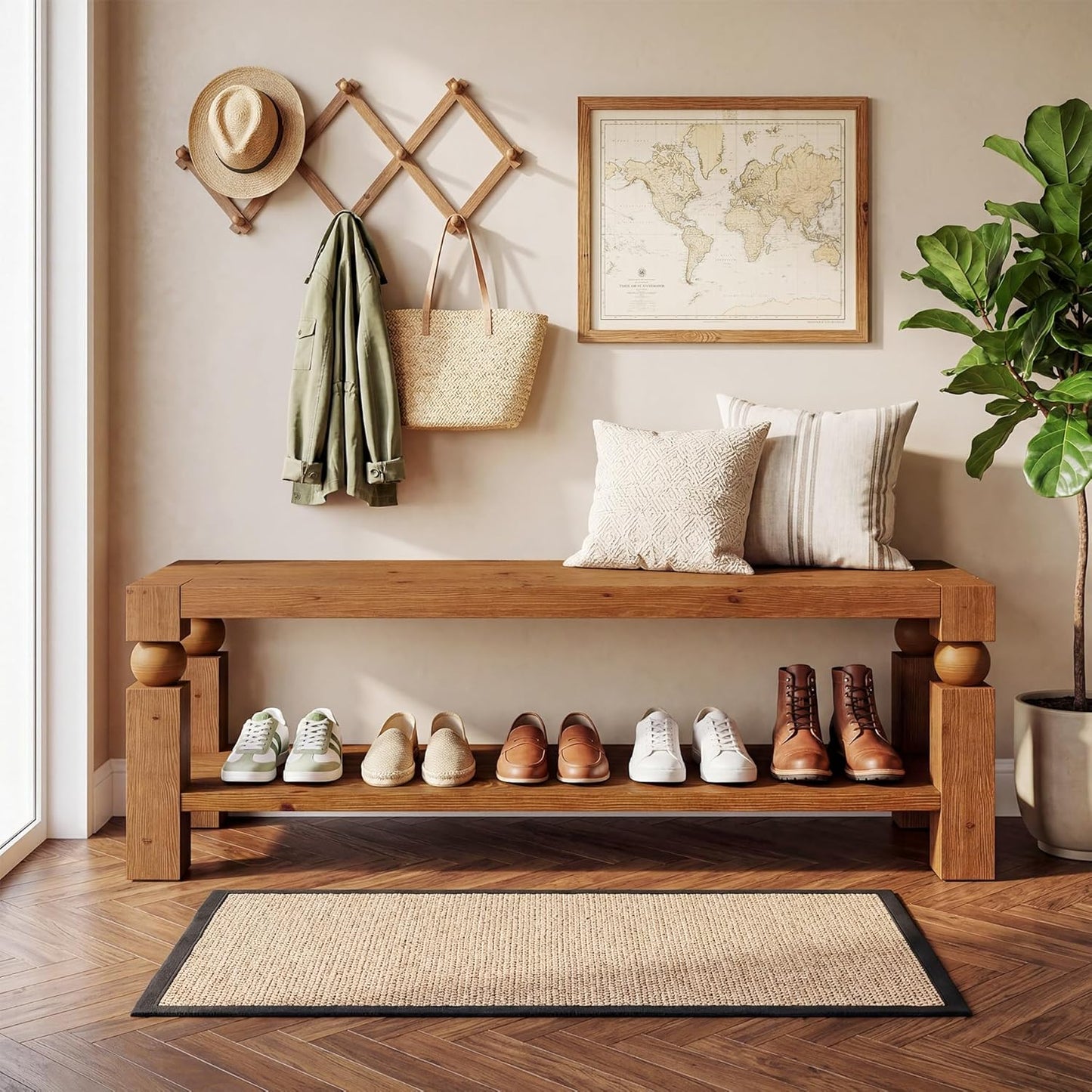 47-Inch Entryway Bench with Shoe Storage, Solid Wood Shoe Rack Bench, Narrow Storage Bench, Long Rustic Wood Bench for Indoor, Bedroom, Hallway, Living Room (Brown)