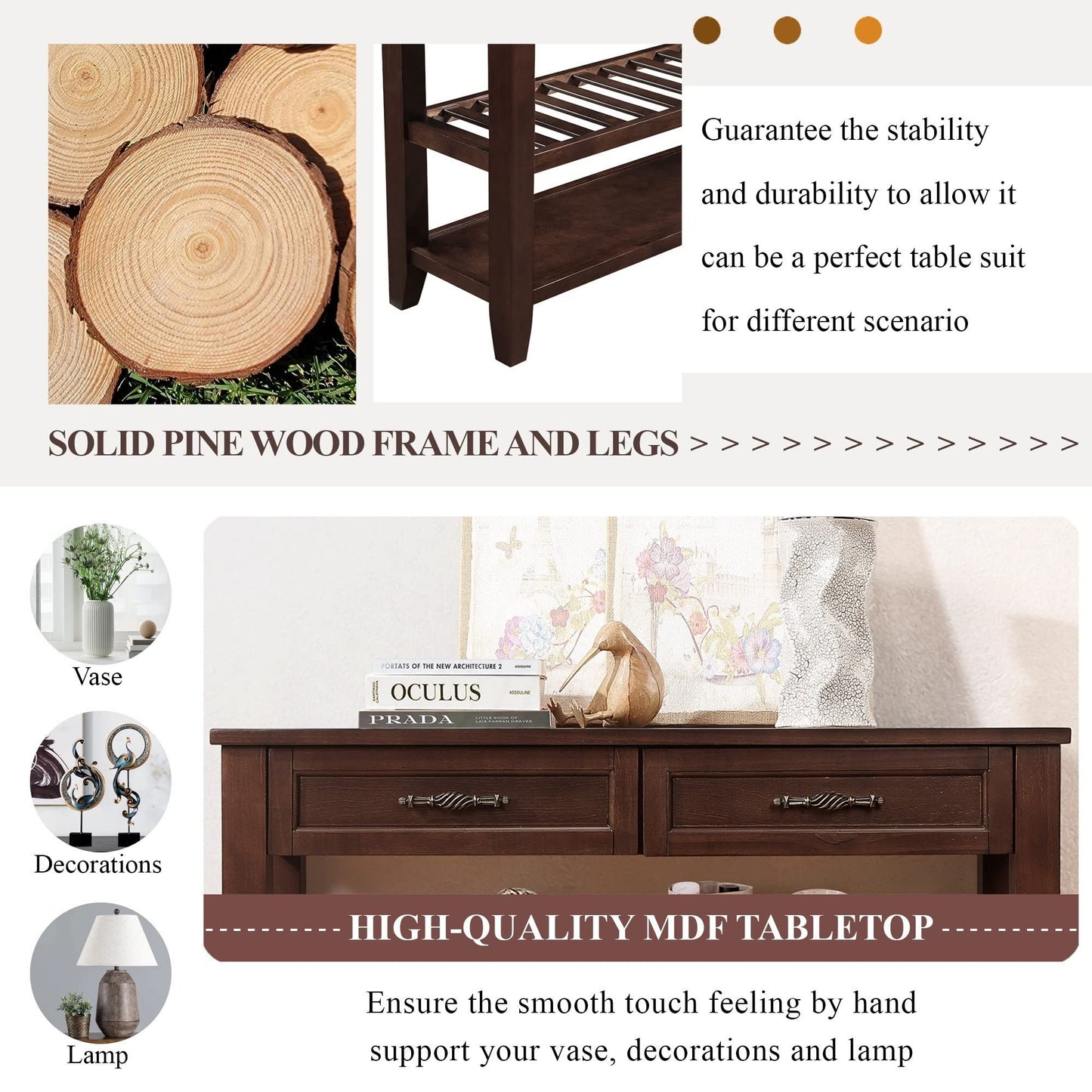 LKTART Solid Wood Console Table Sofa Tables with Drawers and Shelves Small Entryway Table for Living Room,Behind the Couch Table,Foyer(42" Espresso)
