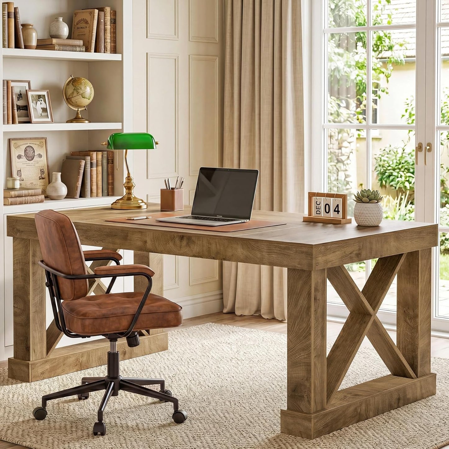 Tribesigns 63-Inch Executive Desk, Farmhouse Office Computer Desk with Sturdy Leg Structure, Rectangular Writing Table Business Furniture for Home Office, Wood Color