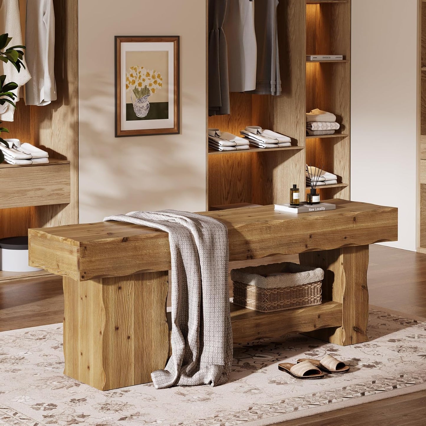Solid Wood Bench 63" Two Tier Entryway Shoe Rack Bench, End of Bed Bench with Storage, Rustic Wood Bench for Bedroom, Hallway, Living Room, Kitchen, Dining, Rustic Brown