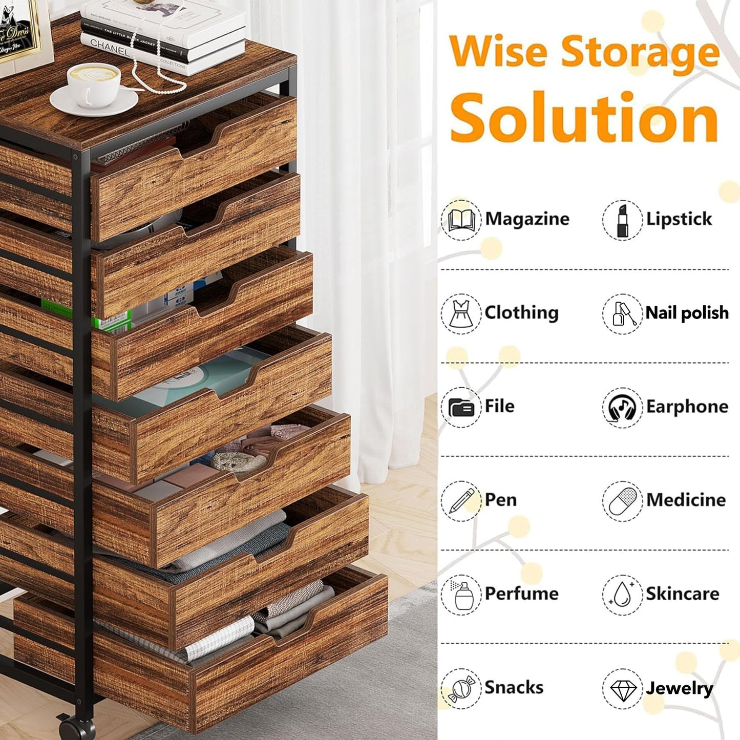 Tribesigns 5 Drawer Chest, Wood Storage Dresser Cabinet with Wheels, Industrial Storage Drawer Organizer Cart for Office Bedroom Entryway (Rustic Brown, 1 PC)