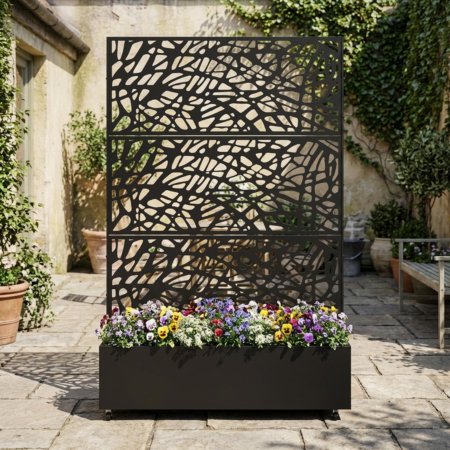 Metal Raised Garden Bed with Trellis and Wheels, 71"x47"x16" Planter Box with Privacy Screen & Drainage Holes, Arched Outdoor Garden Bed for Climbing Plants, Vegetables, Flowers (Black-Square)