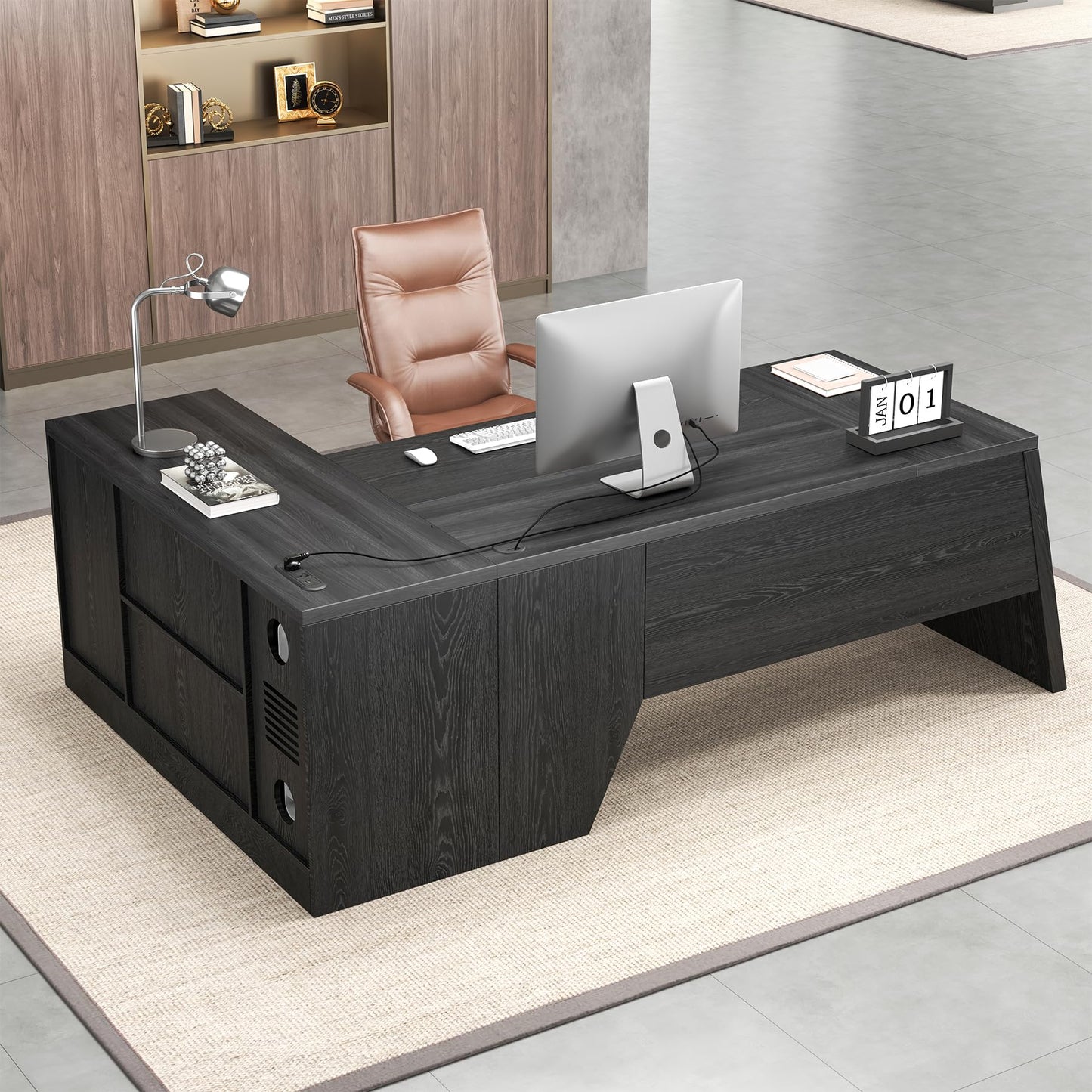 Epecoya L-Shaped Executive Desk with Drawer, 78-Inch Large Home Office Desk with Cord Hold and Power Outlet, Modern Computer Table with Lateral File Cabinet,Open Shelf and PC Stand, Walnut Brown Black