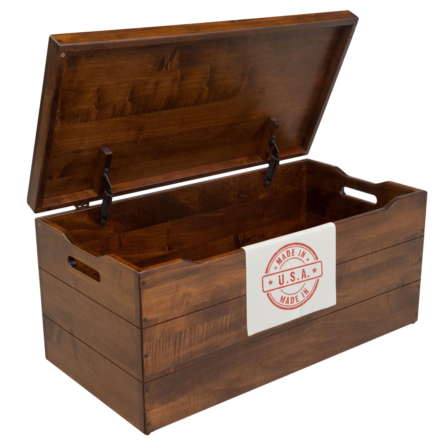 Wooden Storage Chest Trunk Box with Lid and Handles. Handmade, Rustic, Oak Wood, Cherry Stain, 30"