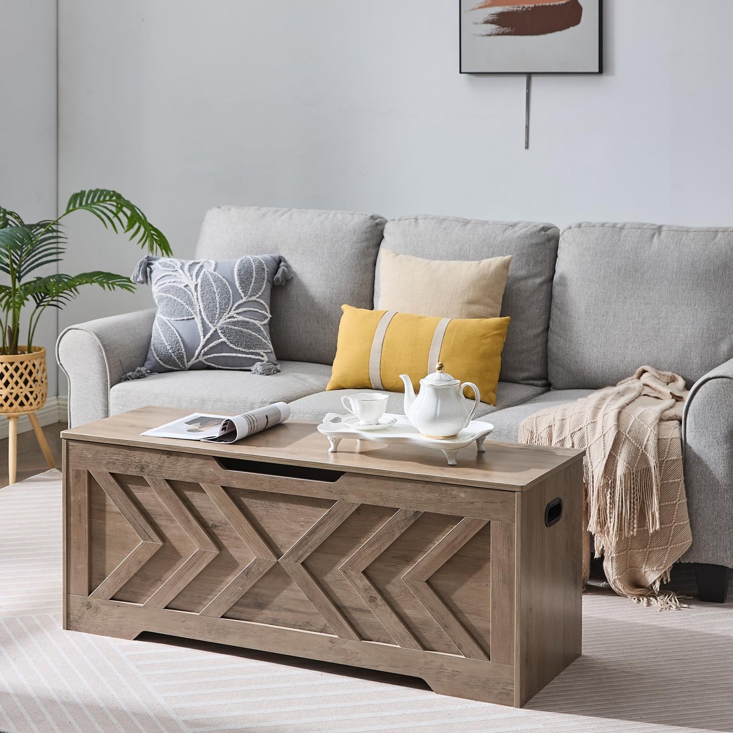 47.2” Storage Bench,Extra Large Wooden Storage Chest with 2 Safety Hinges,entryway Bench,Blanket Storage,Shoe Storage Bench for Entryway,Bedroom,Living Room,Easy Assembly.-Greige