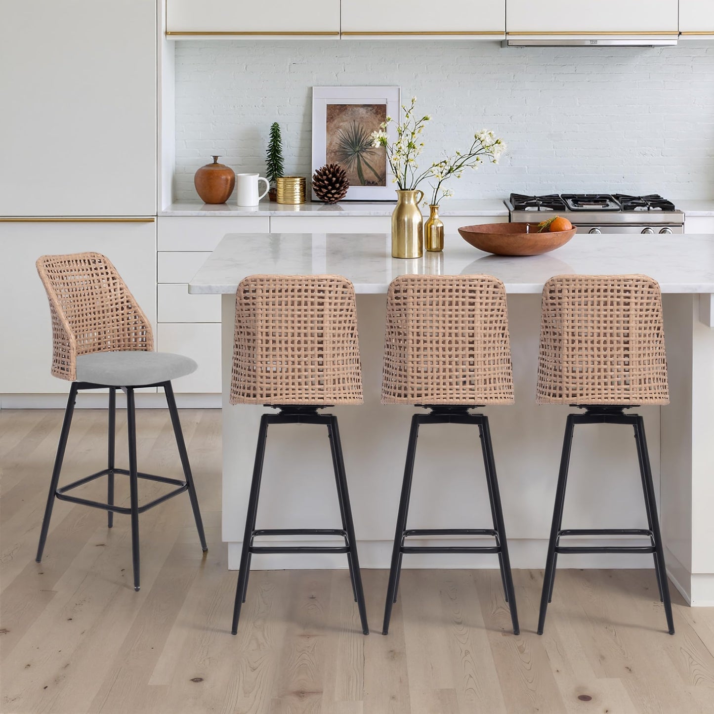 28.7" Swivel Bar Stools Set of 2, Mid Century Modern Counter Height Barstools with Rattan Backrest, Upholstered Chenille Armless Bar Chair Island Stools for Kitchen Island, Bar, Beige