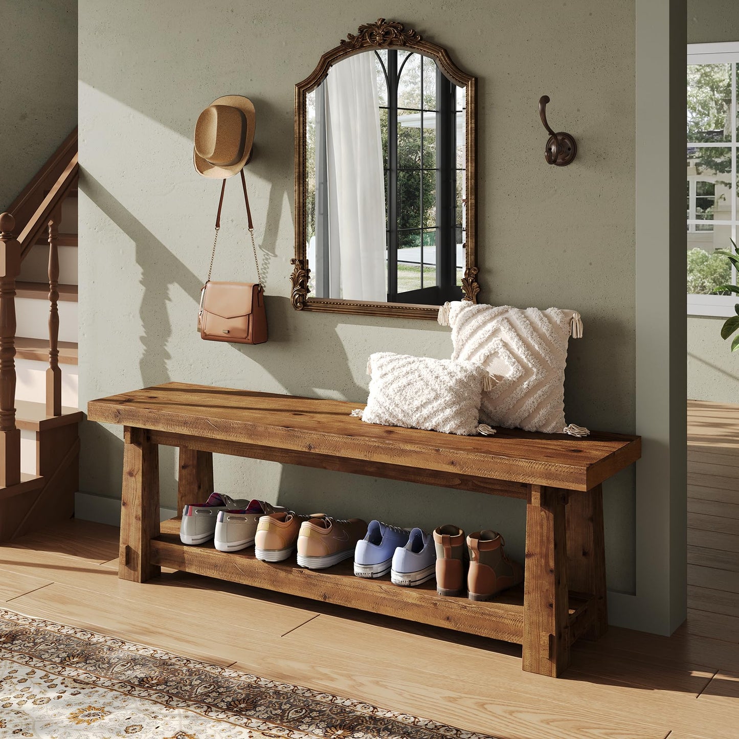 55" Solid Wood Entryway Bench with Shoe Storage, Rustic Wood Grain Shoe Rack Window Bench Seat for Foyer, Hallway, Mudroom, Bedroom, Easy Assembly (Rustic Light Wood)