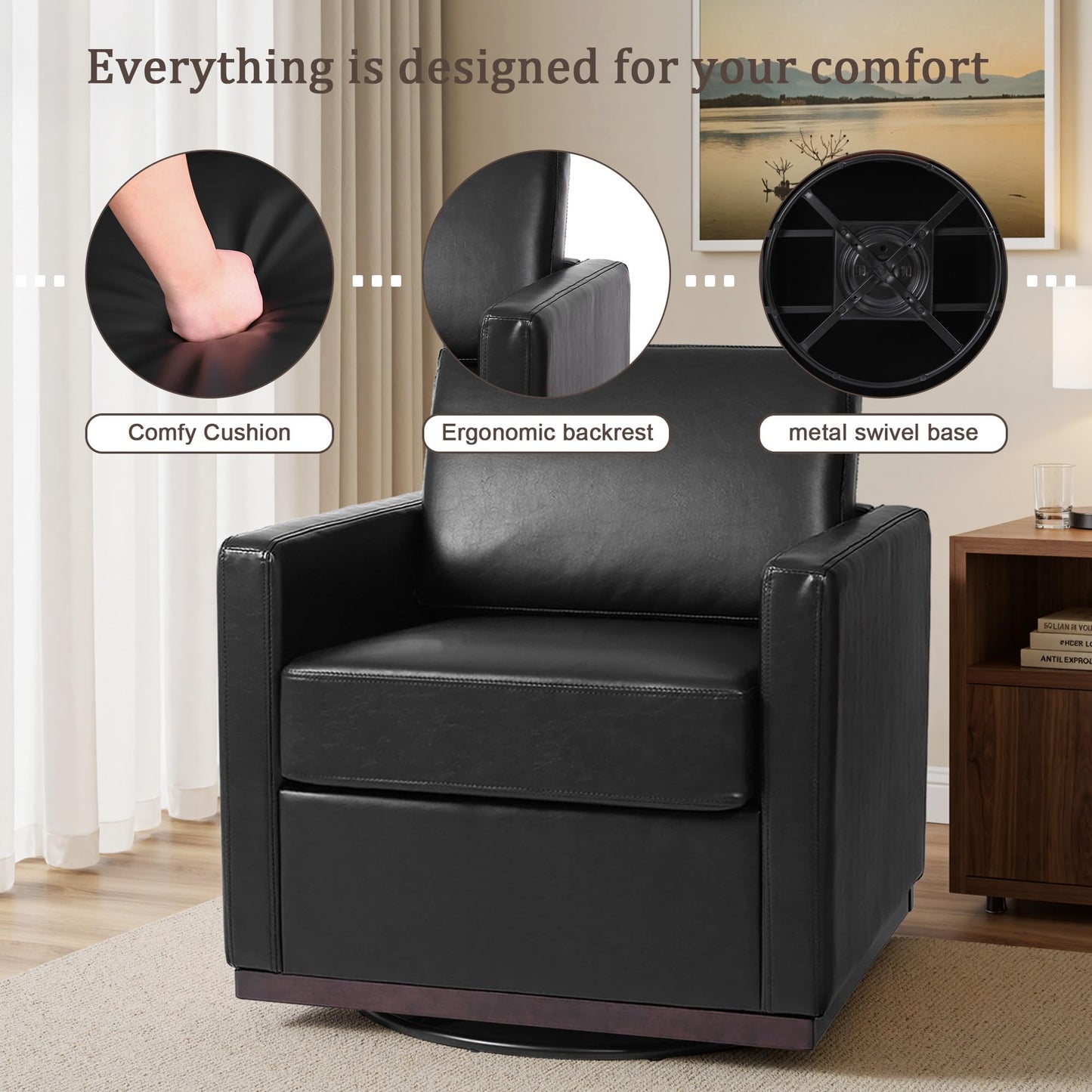 Faux Leather Swivel Accent Chairs Set of 2, 360° Swivel Upholstered Club Armchairs for Living Room, 31" Wide Square Single Sofa Reading Chair with Deep Seat, Metal Swivel Base, Navy