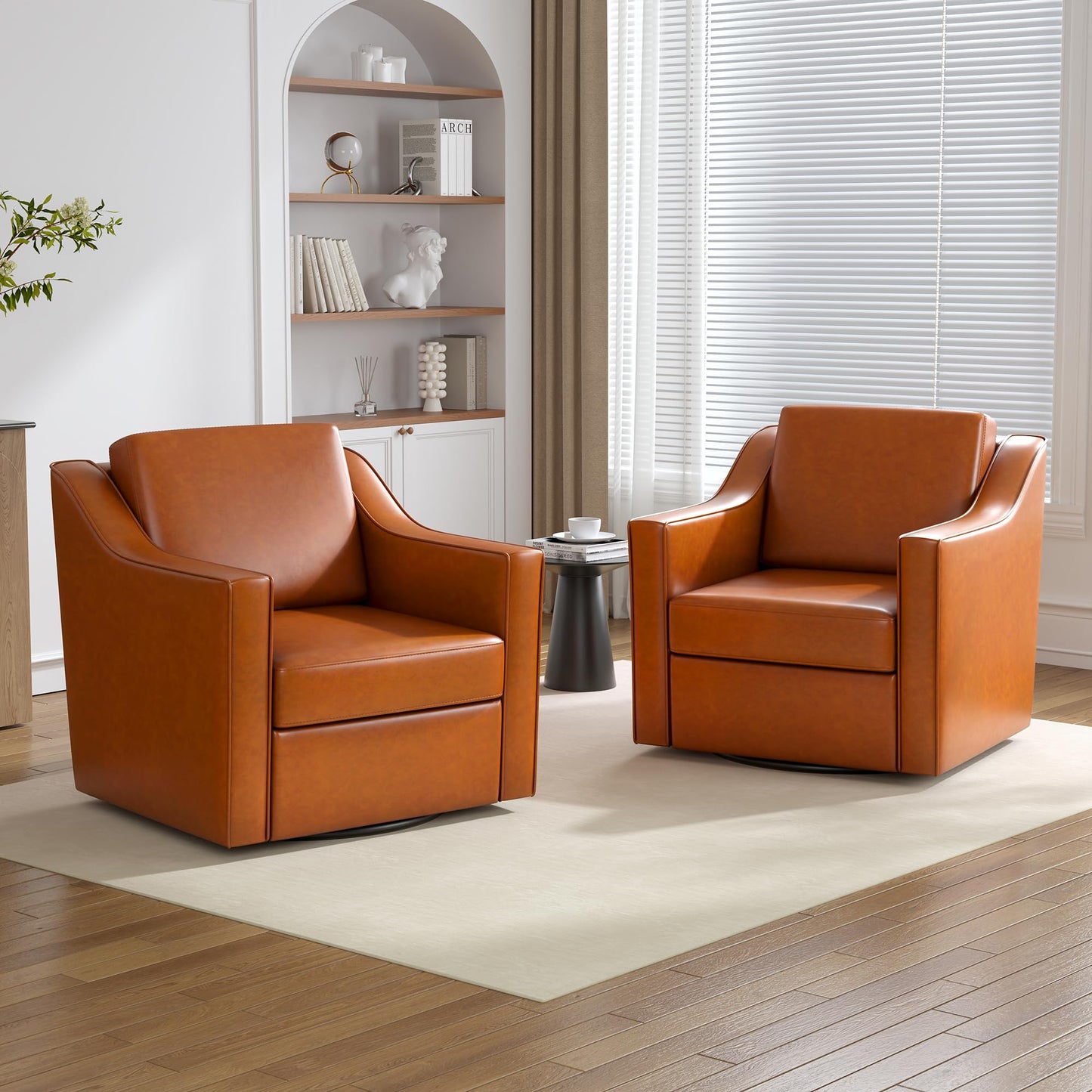 Swivel Accent Chairs Set of 2, 360° Swivel Upholstered Faux Leather Club Armchairs for Living Room, Comfy Single Sofa Reading Chair with Deep Seat, Metal Swivel Base, Coffee