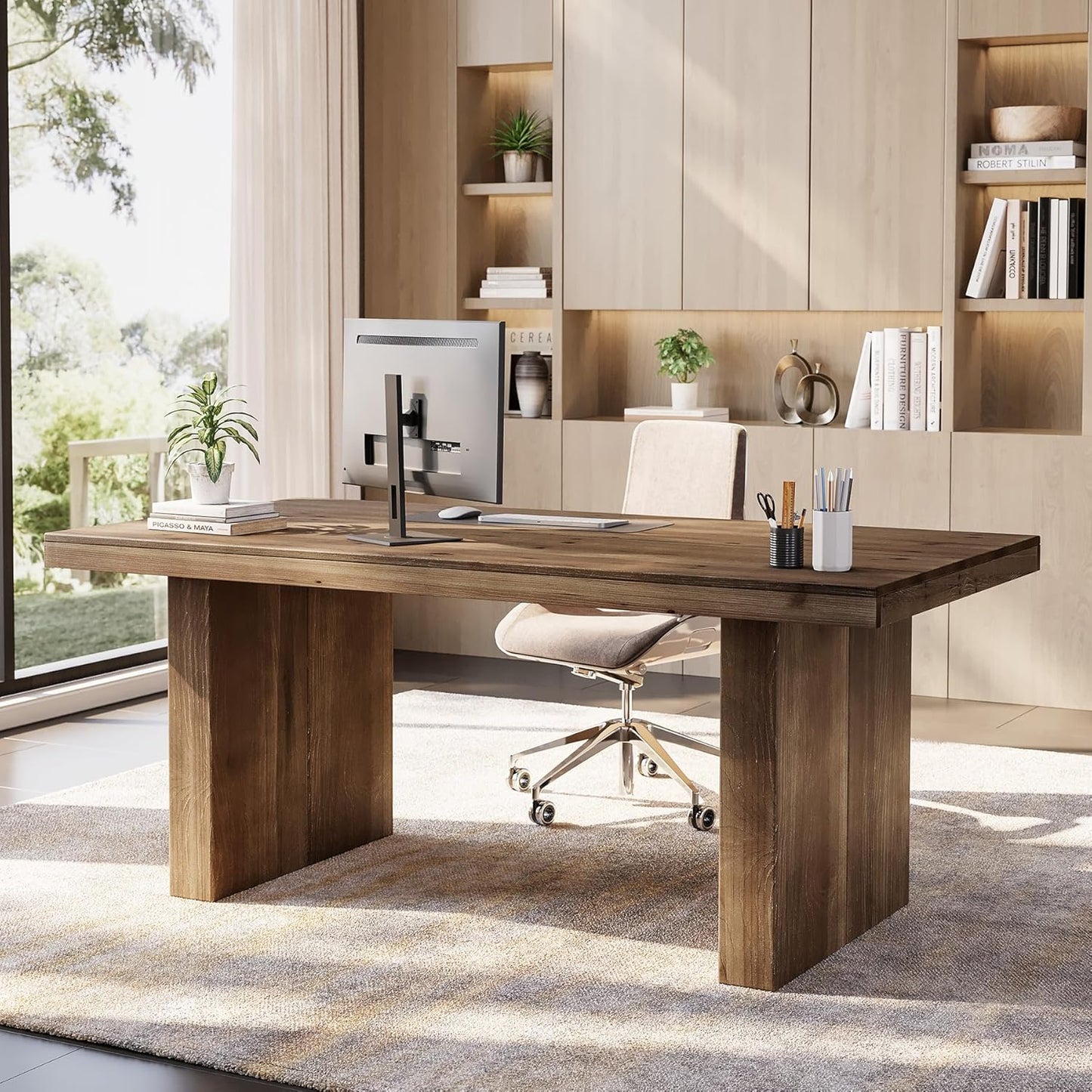 63" Solid Wood Home Office Desk, Farmhouse Large Executive Computer Desk with Sturdy Wooden Legs, Study Writing Table Business Workstation with Spacious Tabletop, Rustic Dark Brown