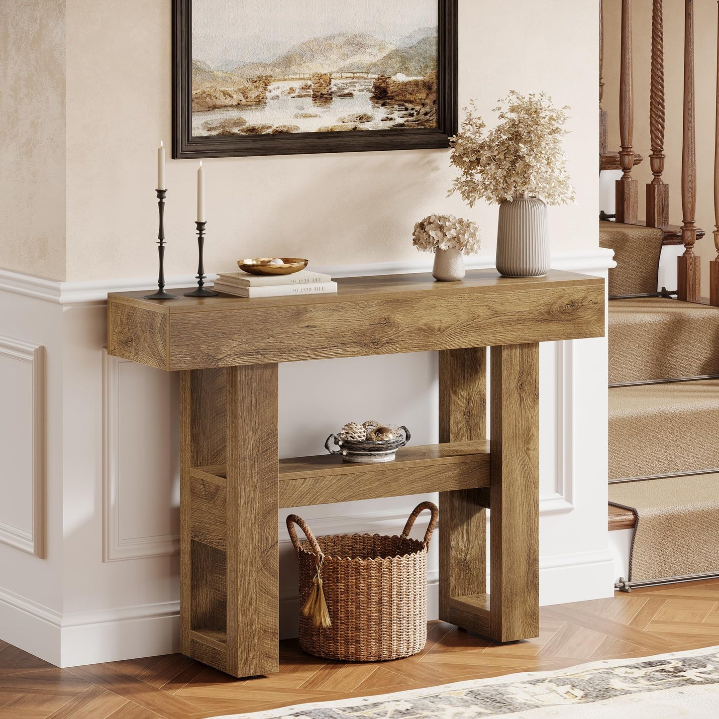 Tribesigns 41.34-Inch Farmhouse Console Table, 2-Tier Narrow Sofa Table Behind The Couch, Entryway Furniture with Storage Shelves for Hallway Foyer Living Room, Rustic Brown