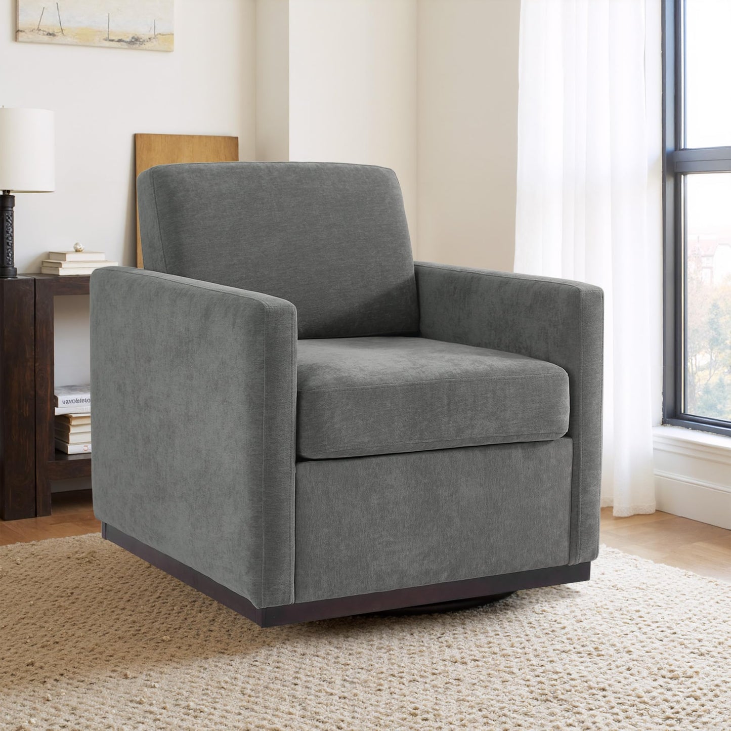 Faux Leather Swivel Accent Chairs Set of 2, 360° Swivel Upholstered Club Armchairs for Living Room, 31" Wide Square Single Sofa Reading Chair with Deep Seat, Metal Swivel Base, Navy