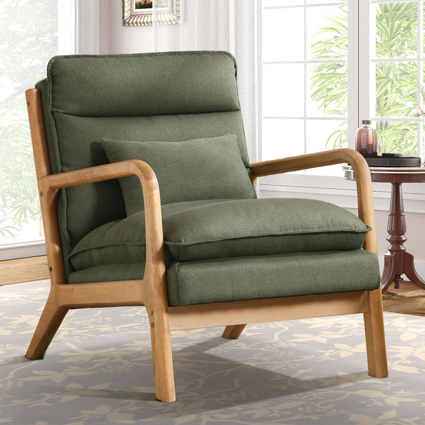 IOMOR Mid Century Modern Accent Chair, Upholstered Lounge Armchair with Plump Back Pillow, Comfy Reading Chair with Solid Wood Frame for Bedroom Living Room, Brown