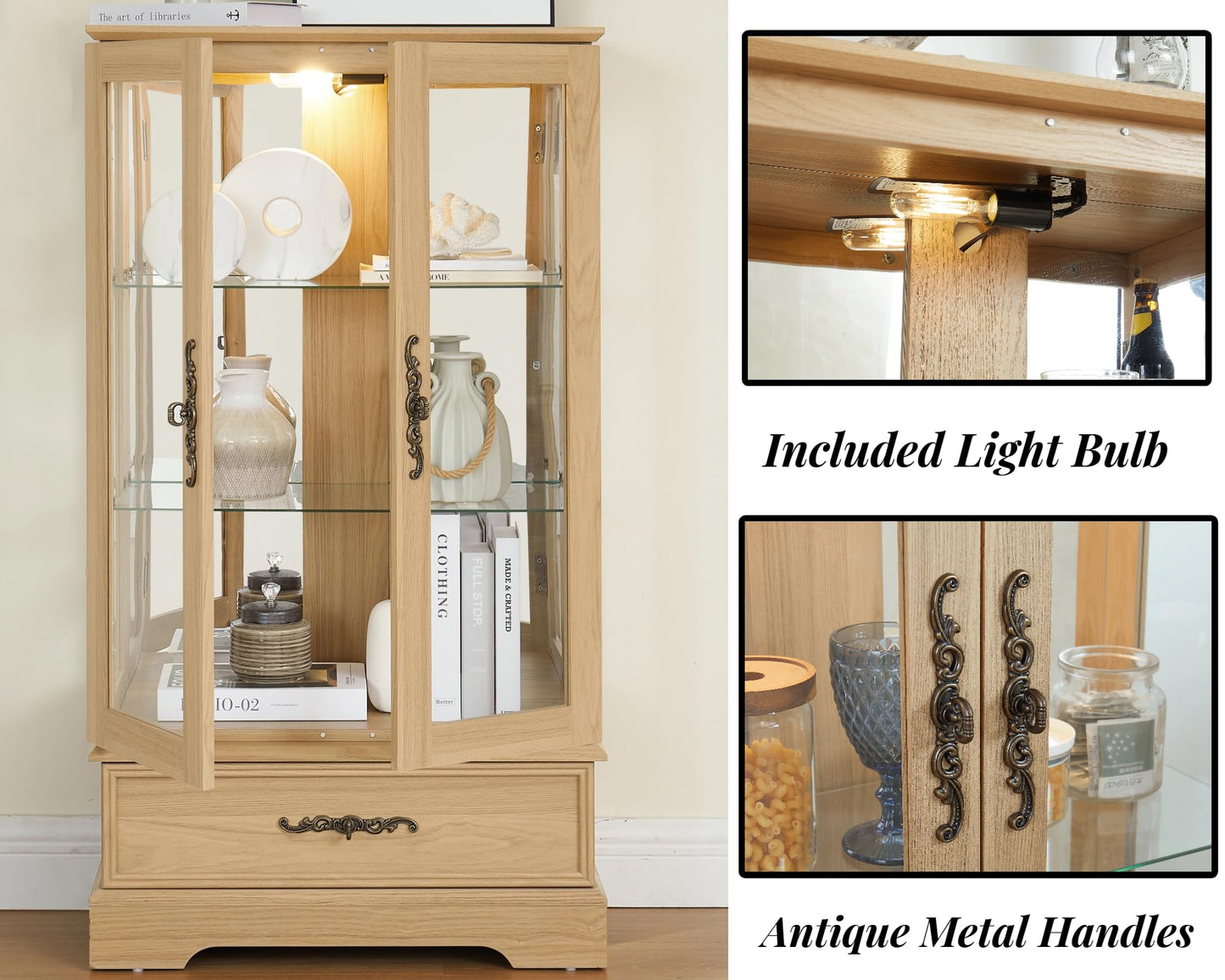 LKTART Curio Glass Display Cabinet,Storage Cabinet with Lights and Mirrored Back Panel,China Cabinet with Tempered Glass Doors and Shelves,Collectible Display Shelf,Included Bulb White