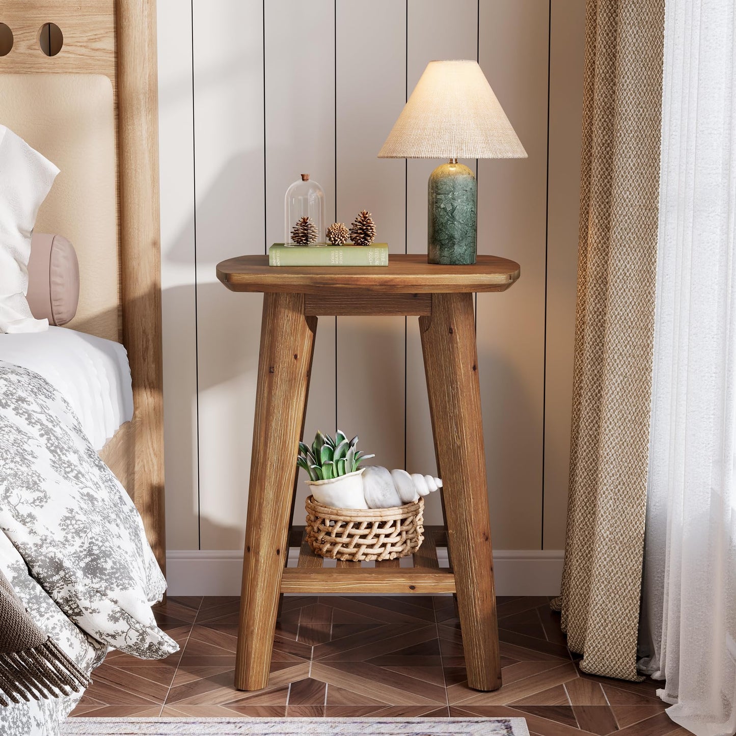 Square Side Table with 2-Tier Storage Shelf & Solid Wood Material, 19.68" Wood End Table for Living Room, Sofa Side, Small Spaces – Easy Assembly, Space-Saving Design (2PCS)