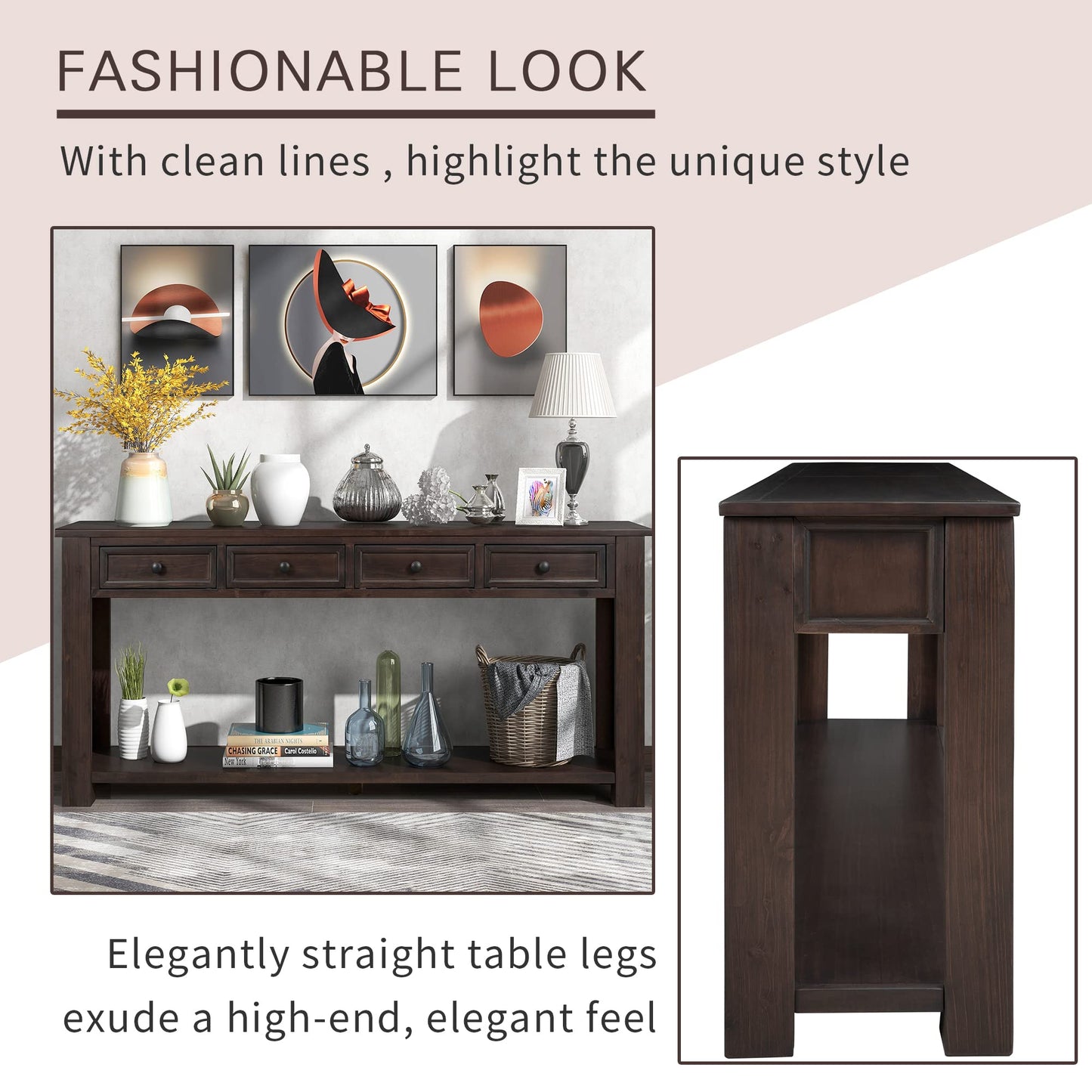 LKTART 63" Solid Wood Console Table Sofa Table with Storage Drawers and Bottom Shelf,Farmhouse Entryway Table for Hallway Foyer,Living Room,Easy Assembled (63" Espresso)