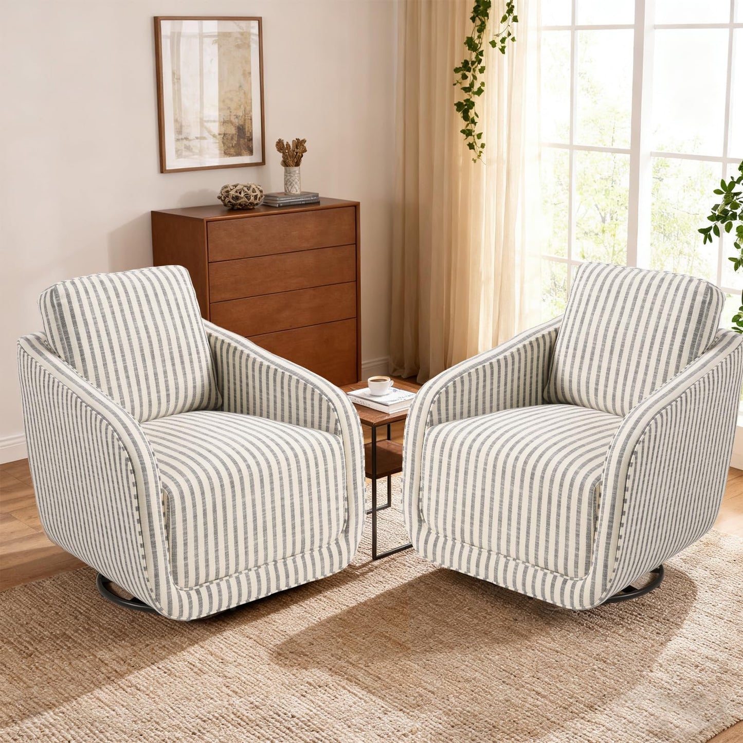 IOMOR Swivel Barrel Accent Chair, 360 Degree Comfy Swivel Reading Chair with Removable Back, Modern Sofa Chair with Oversize Base for Living Room, Bedroom, Office, Fully Assembled (1, Blue Stripe)