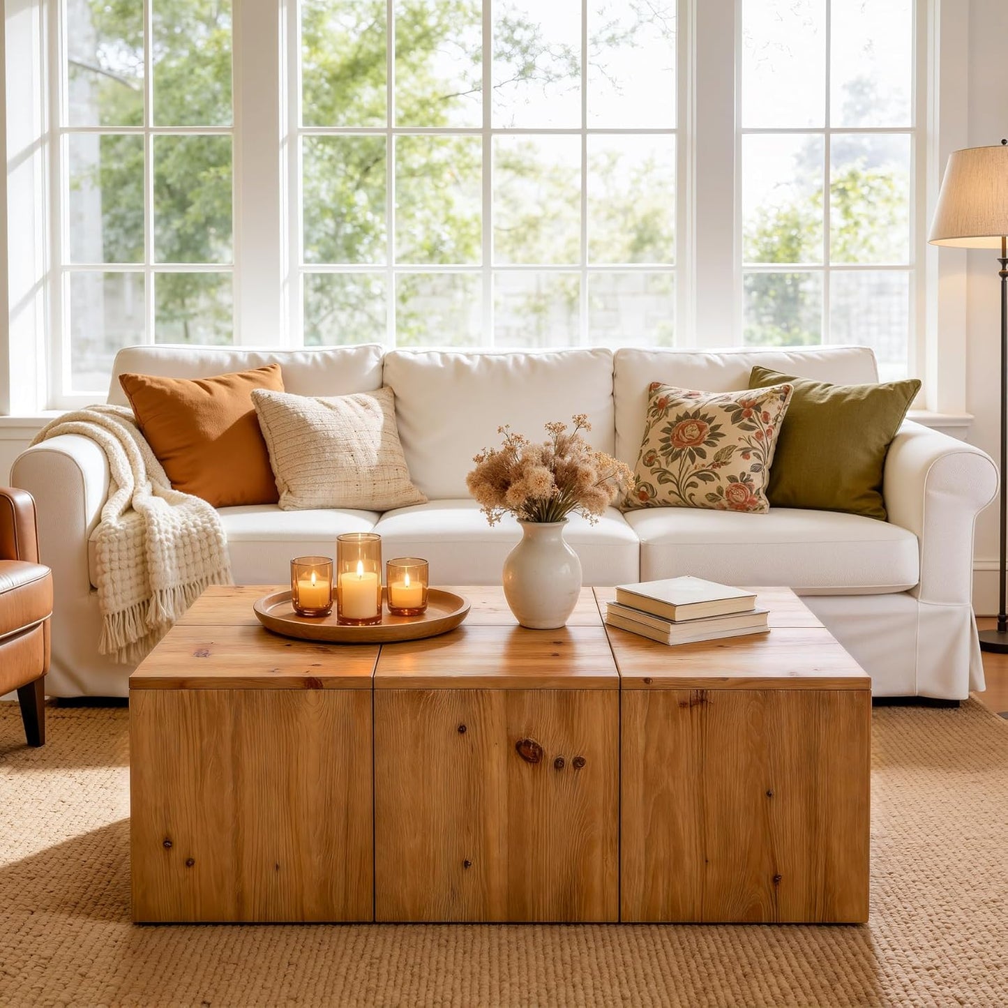 47-inch Rectangle Solid Wood Block Coffee Table, Farmhouse Center Table with Natural Wood Grain, Sturdy Wobble-Free Construction for Living Room, Retro Style