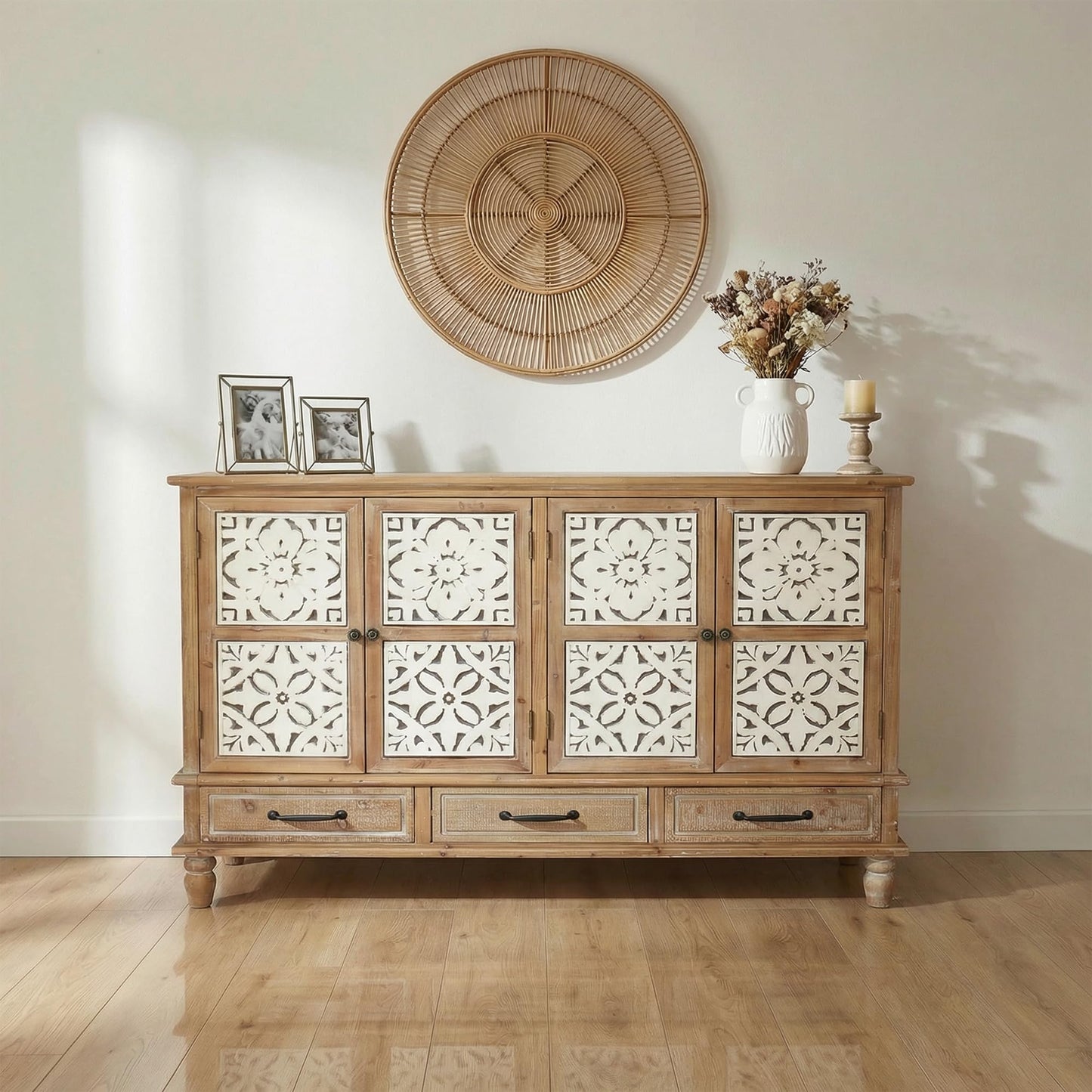 LKTART 60" Farmhouse Sideboard Buffet,Solid Fir Wood Frame with Hollowed-Out Carved Doors,Hand-Distressed Design,Versatile Storage Cabinet for Kitchen, Living Room,Natural Wood