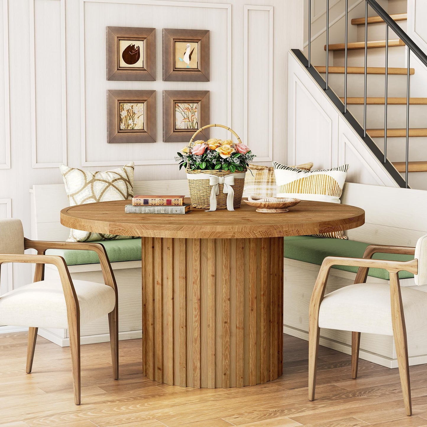 47" Solid Wood Dining Table for 4-6, Farmhouse Round Kitchen Table with Striped Pedestal Base, Circle Wooden Dining Room Furniture for Kitchen Living Room, Wood Tabletop+MDF Pedestal Base