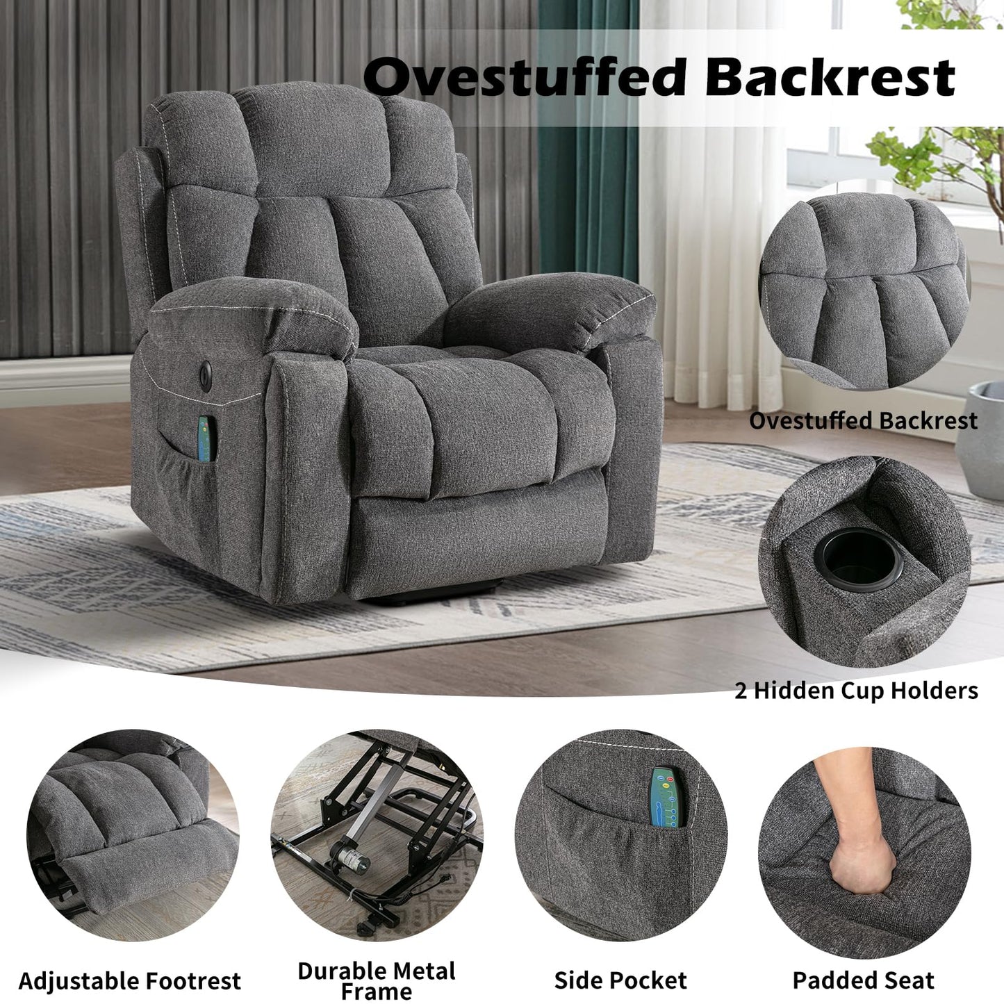 IOMOR Large Power Lift Recliner Chair for Elderly with Massage and Heat, Electric Lift Recliner Single Sofa with with 2 Cup Holders, Side Pocket & USB Charge Port for Living Room (1, Dark Gray)