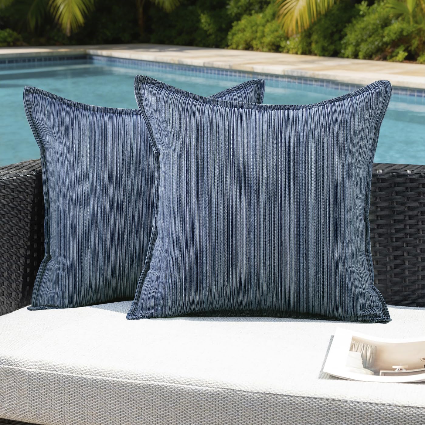 VAKADO Outdoor Waterproof Throw Pillow Covers 18x18 Set of 2,Chenille UV Decorative with Hem Patio Furniture Cushion Cases Decor for Bench Garden Tent Chair Seat Porch Couch,Stripe Beige