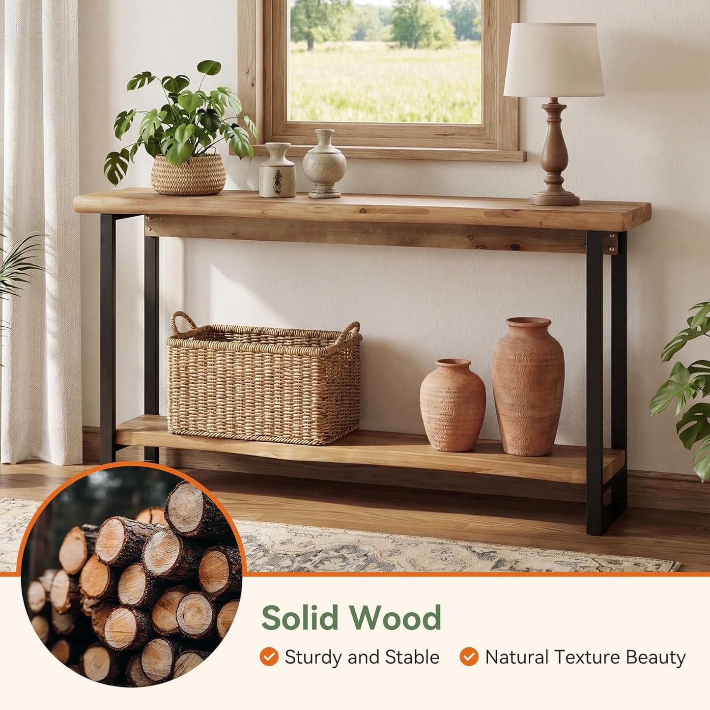 Solid Wood Live-Edge Console Table for Entryway, Farmhouse 63-Inch Narrow Long Sofa Table Behind Couch with Unique Shape, Heavy-Duty Metal Legs, Ideal for Foyer, Entrance, Living Room