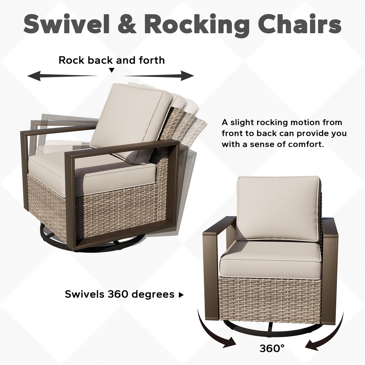 Joyside Outdoor Patio Swivel Rocker Chairs, 3 Pieces Wicker Furniture Set, 2 Swivel Rocking Chairs and 1 Table, Metal Wide Armrest, Thick Cushions and Deep Seating for Garden, Backyard, Porch, Deck