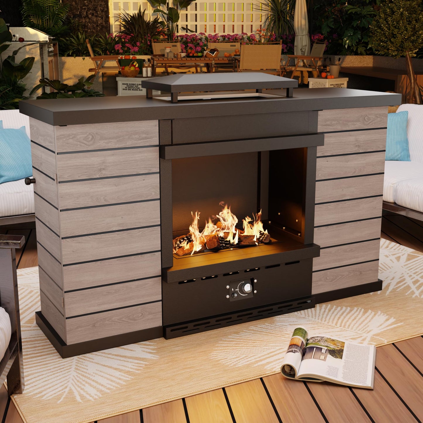 47.3''x35.5'' Outdoor Propane Fireplace, 50,000 BTU Vent-Free Gas Heater, CSA Certified Grey & Black Weather-Resistant Steel, Realistic Ceramic Logs, Rain Cover Included