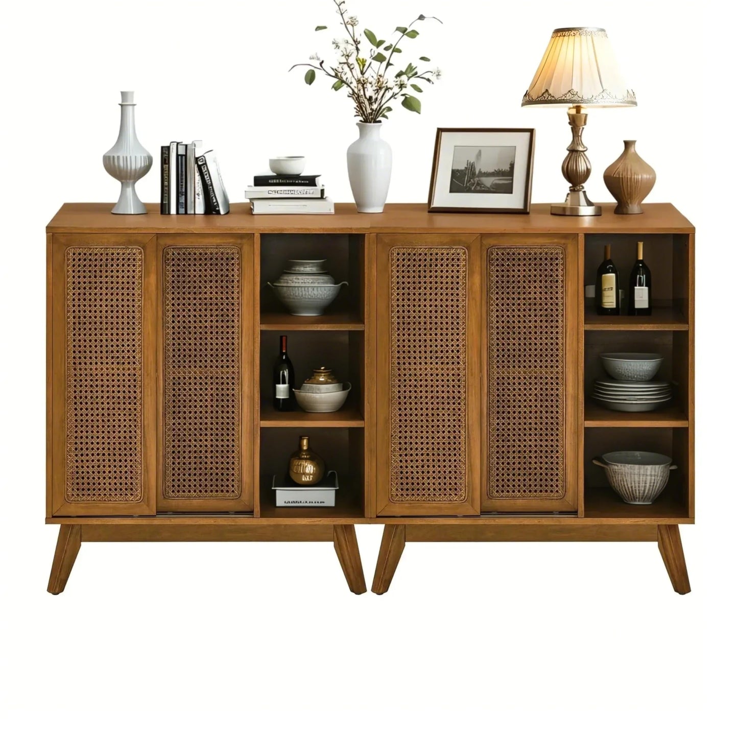 LKTART Mid Century Modern Storage Cabinet with Rattan Sliding Doors and Open Shelves, Boho Style Wooden Sideboard Buffet for Living Room,Dark Walnut