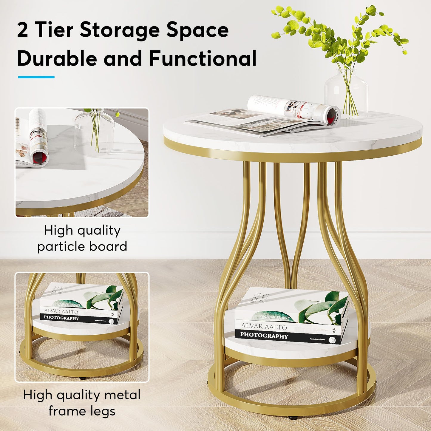 Tribesigns Round Side End Table 2-Tier End Tables Modern Bedside Table Small Chairside Tables with Storage for Couch Side, Nightstand with Metal Frame for Living Room (1, White+Gold)